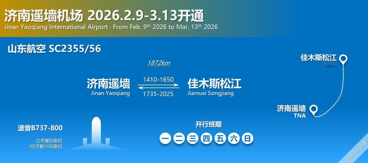 春运加班航线第一弹，山东航空2.9日-3.13日间加开SC2355/56济南遥墙