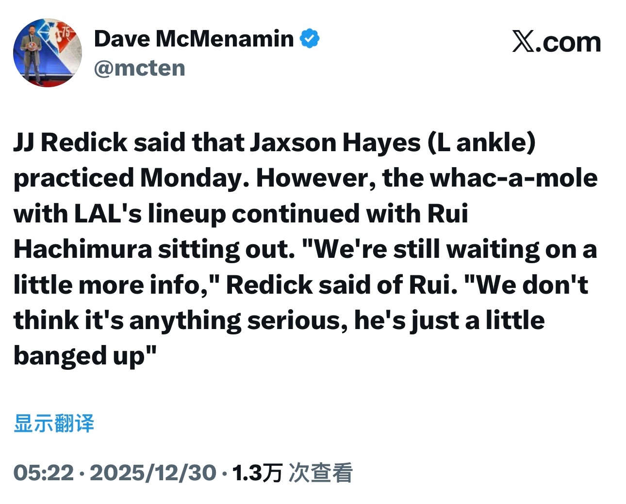 记者Dave：湖人阵容的“打地鼠”状况仍在继续，八村垒今天没有参加训练。雷迪克谈