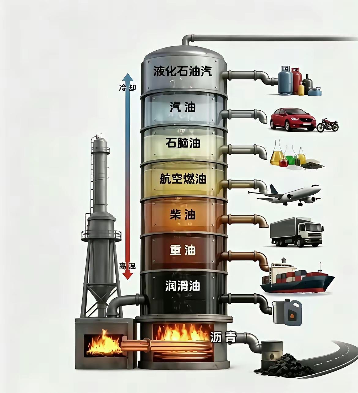 为什的说石油是工业之母，看看这张示意图你就明白了！

图中是石油炼化的第一步常减