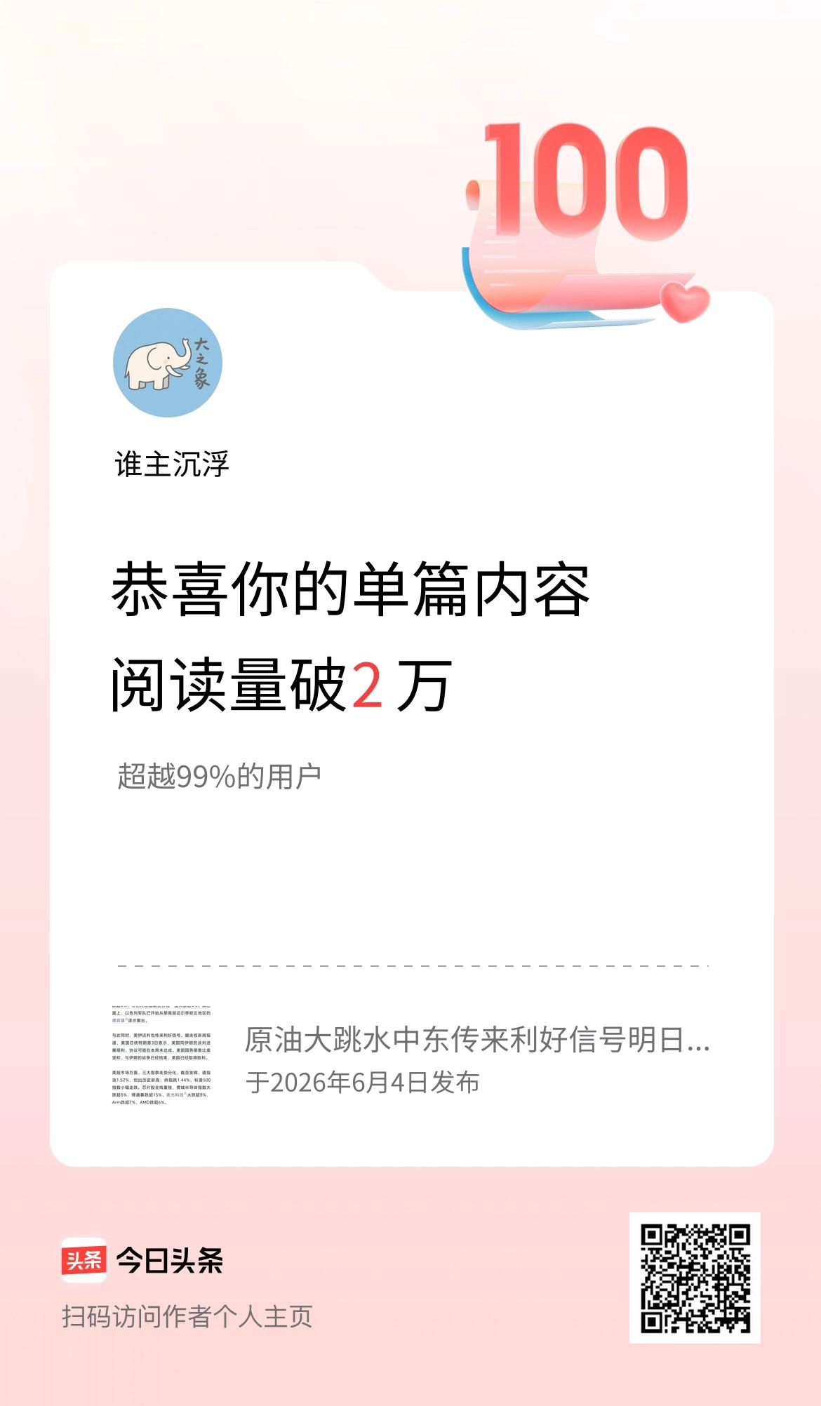 单篇内容获得阅读量破2万啦！
