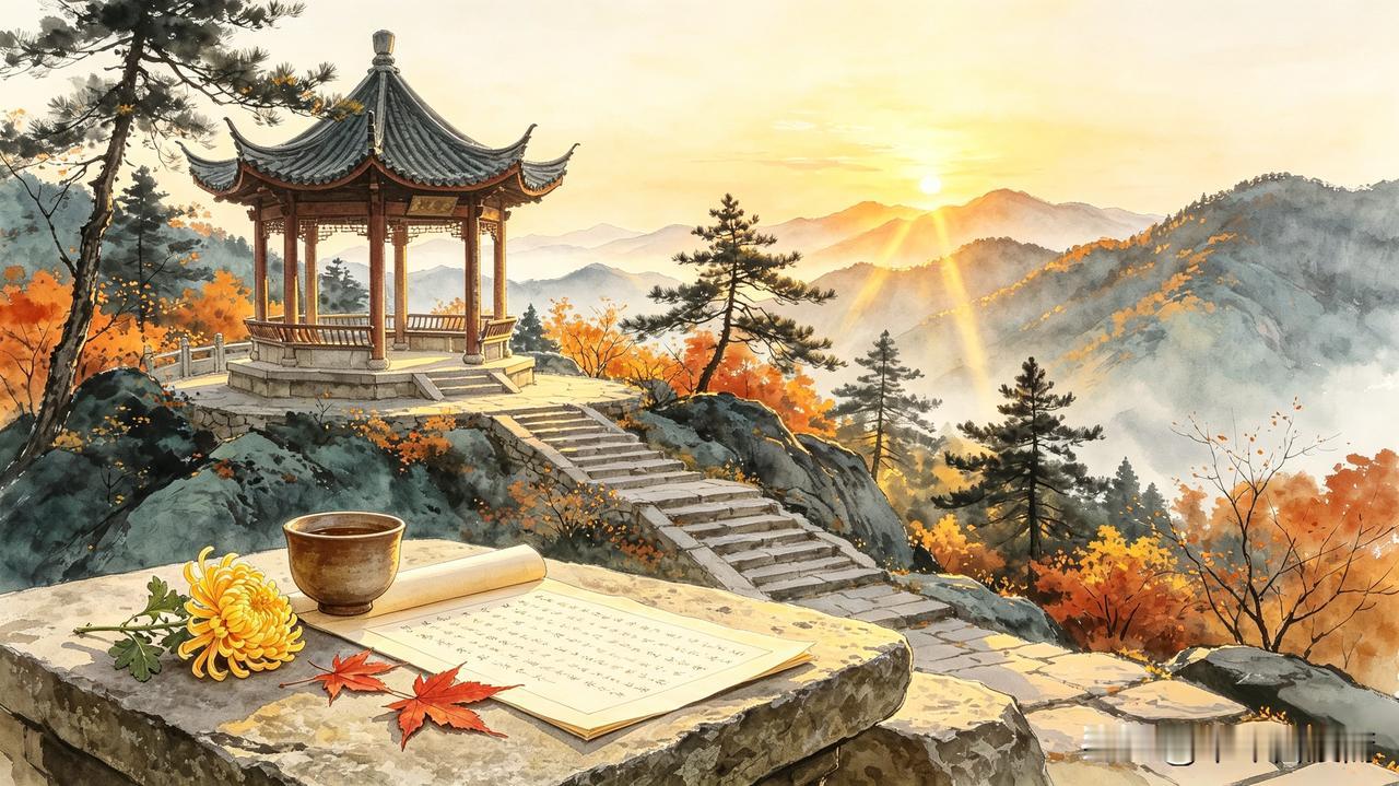 岁岁重阳，秋山寄怀
 
西风赴重阳，秋山染晚光。登高极目，看残荷留骨、黄菊傲霜，