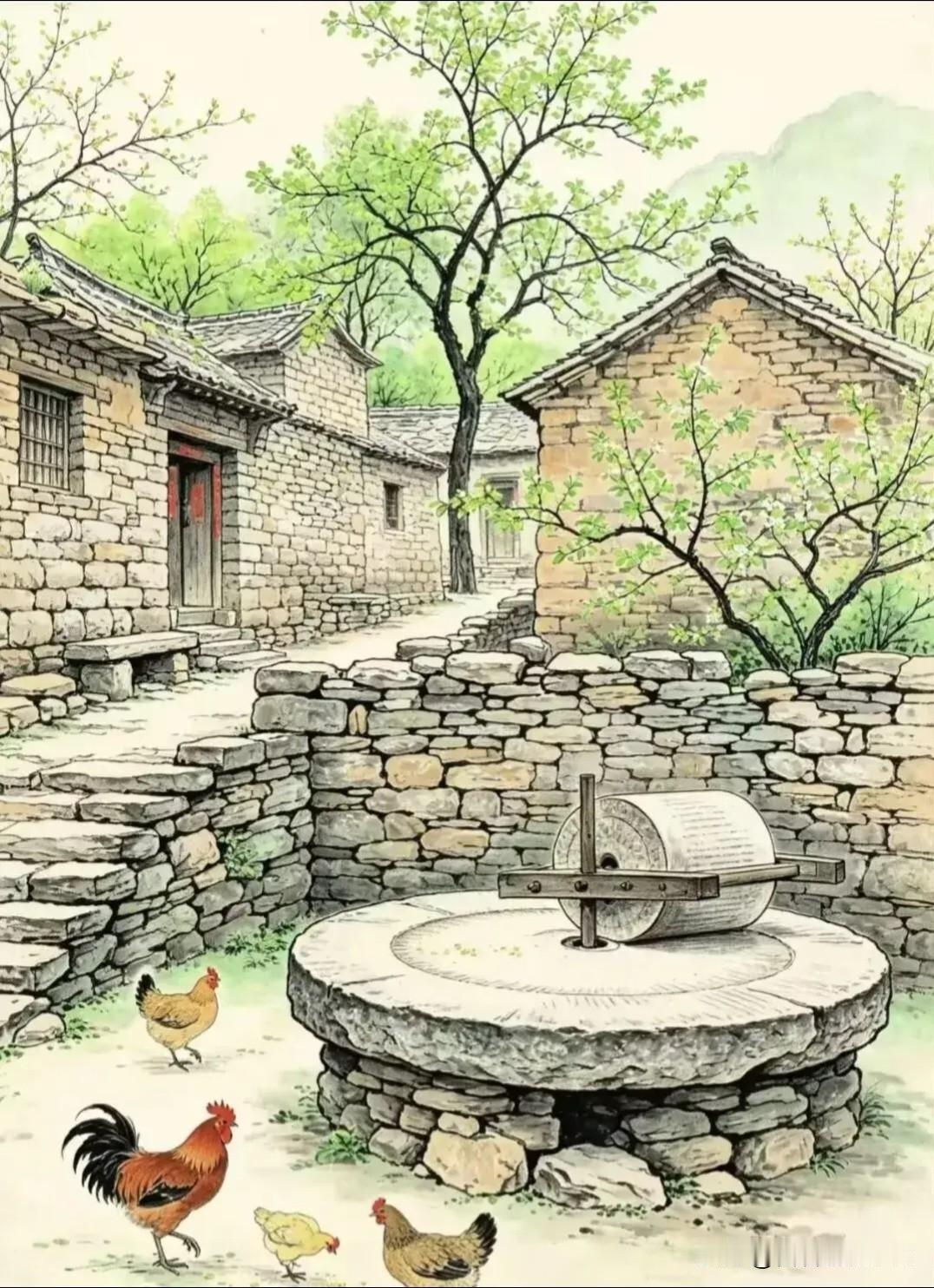 江城子·岁月沧桑
 
石垣老屋旧村庄，野阴凉，老磨荒。
老树垂青，鸡犬伴闲廊。