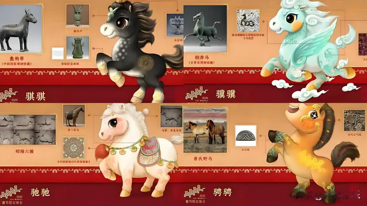 ！
1. 骥骥（最爱）：原型是汉代天马（铜奔马+错金银镶松石狩猎纹铜伞铤飞马），