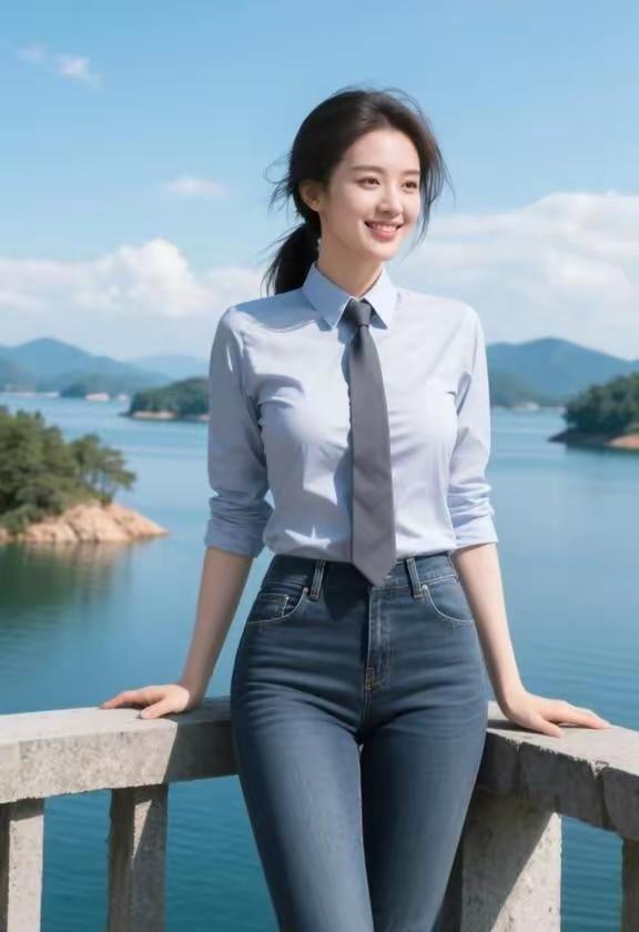 阳光明媚的湖边，元气少女与自然美景的完美邂逅！🌞💙👗