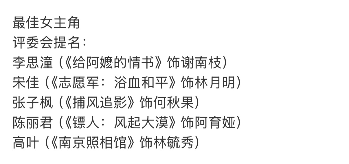 今年金鸡奖男主、女主、男配、女配提名。最佳男主角吴磊 （《群星闪耀时》饰赵吉虎）