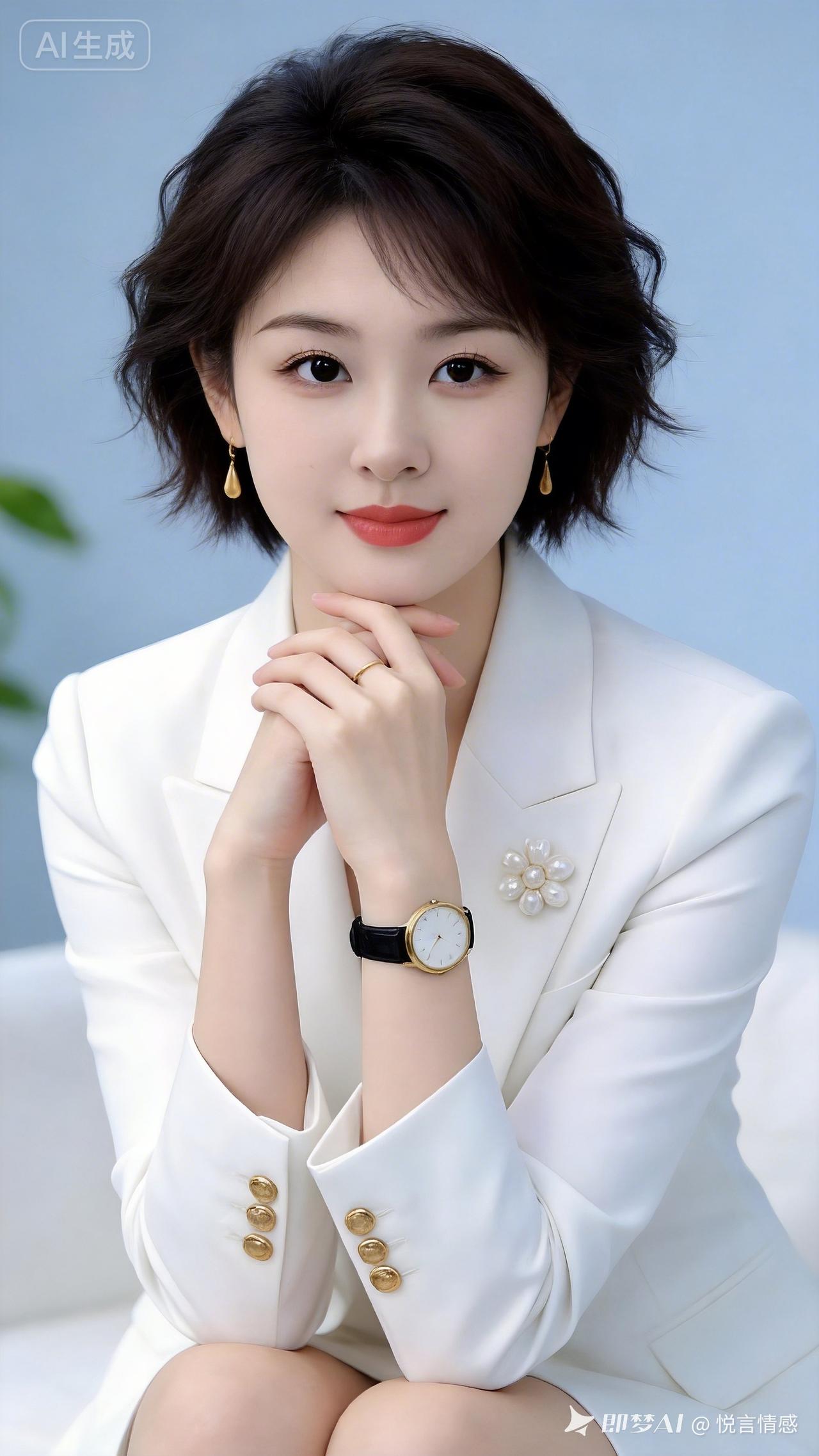 30岁东亚知性女浅蓝哑光修身西装，利落短发，淡妆温婉浅笑坐姿优雅，极简柔焦背景绿