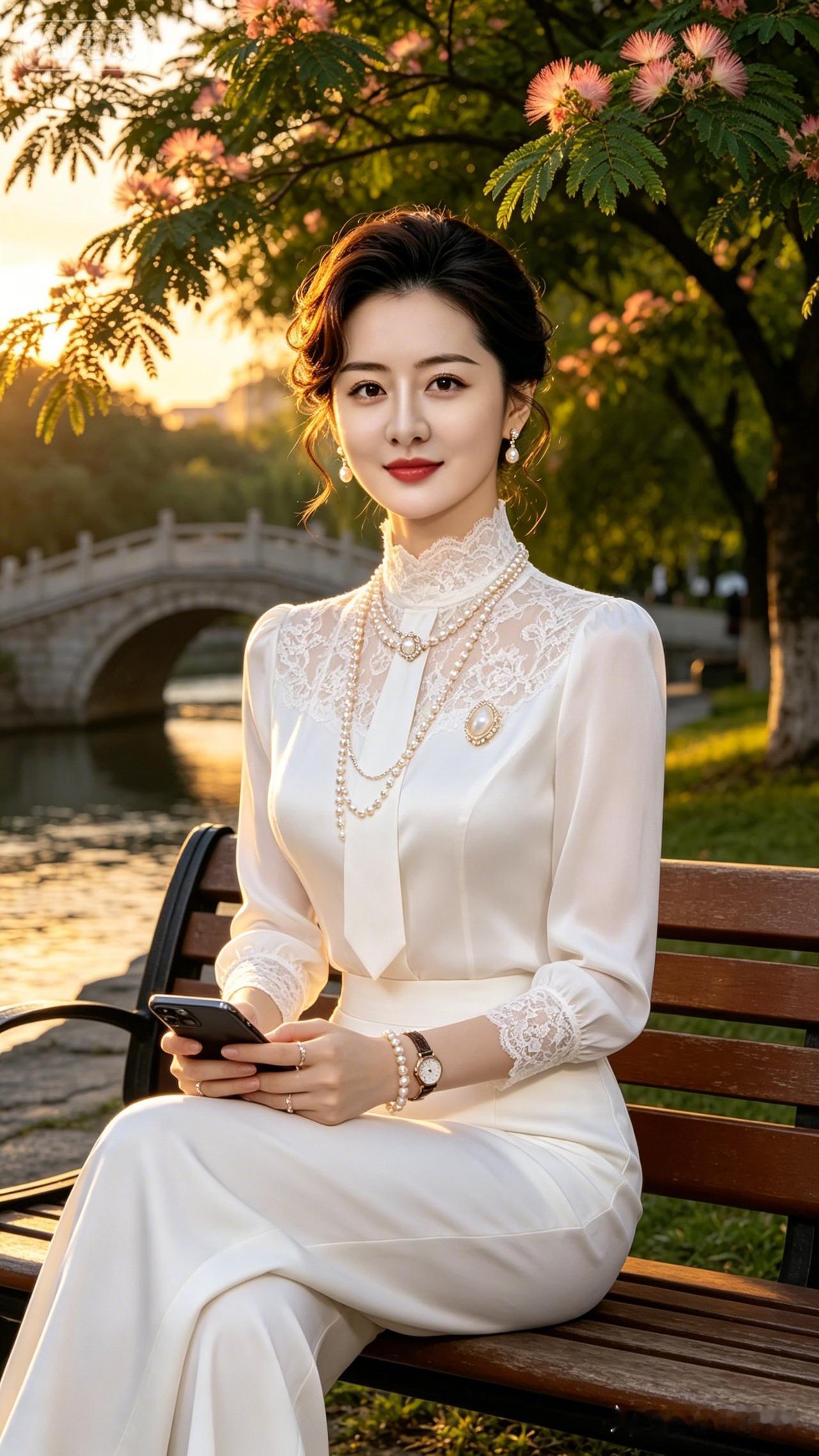 暮园雅韵
落日柔光漫染翠枝，
拱桥流水轻映清池。
白衣雅致身姿闲静，
珠饰层层衬