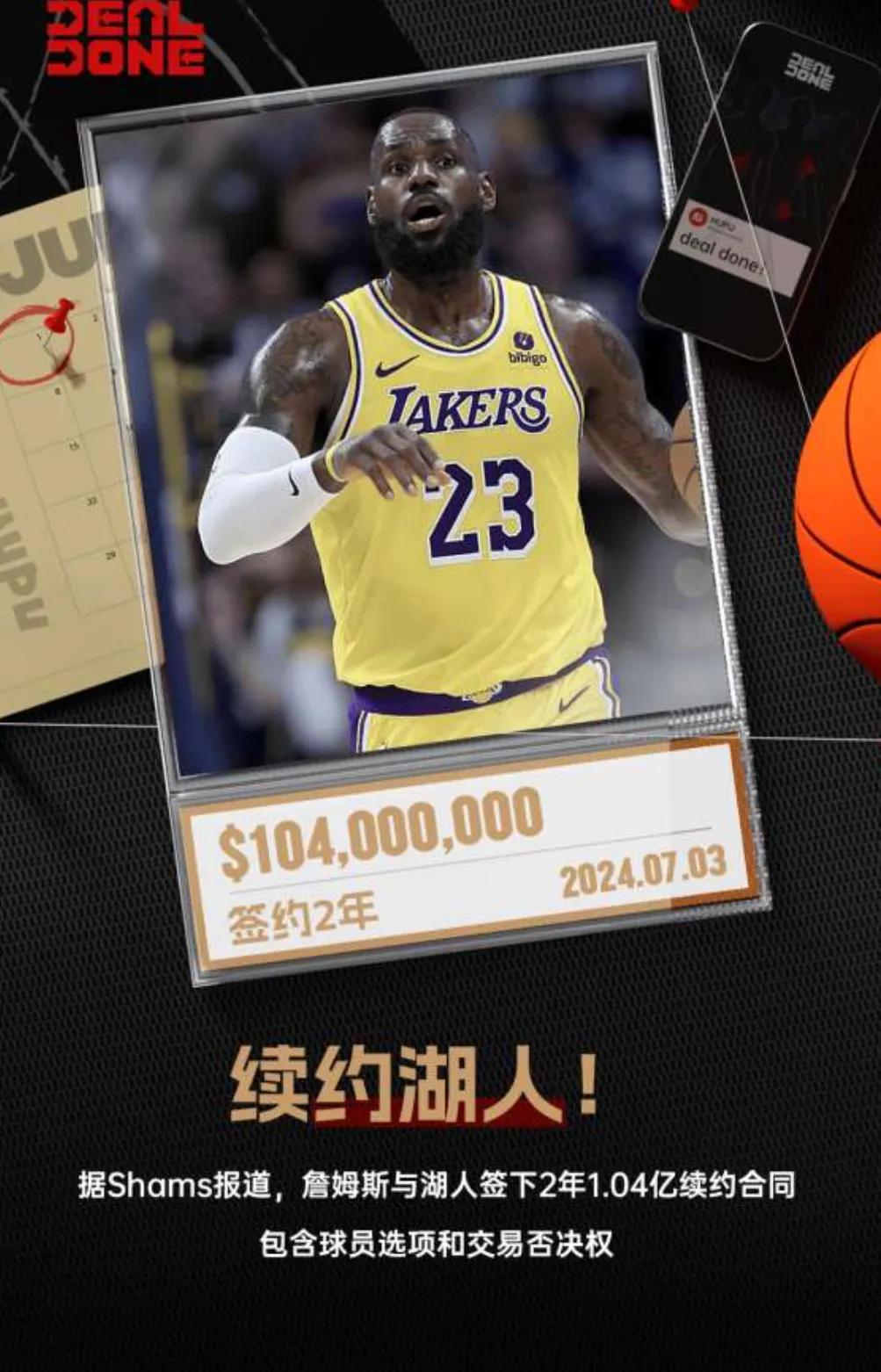 2年1.04亿，詹姆斯与湖人签下一份为期两年的续约合同；作为湖人球迷，你认为接下