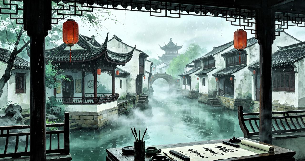 上联：梦里水乡烟雨渺，
下联：庭中画榭墨香幽。
 解析
 1. 对仗：“梦里”对