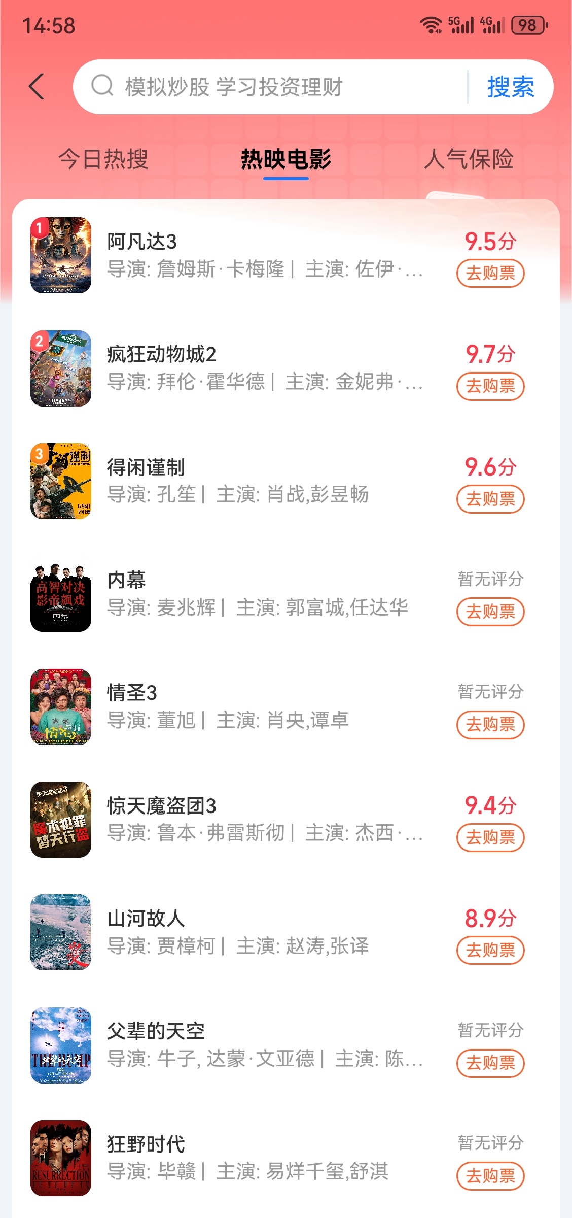 看，这些热映的影片，前三中，阿凡达3 排第一，口碑最差，9.5疯狂动物城2 第二