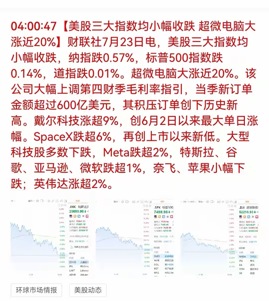 7月23日利好：AI算力光模块光芯片等 利空：商业航天特斯拉概念等根据昨晚美股表