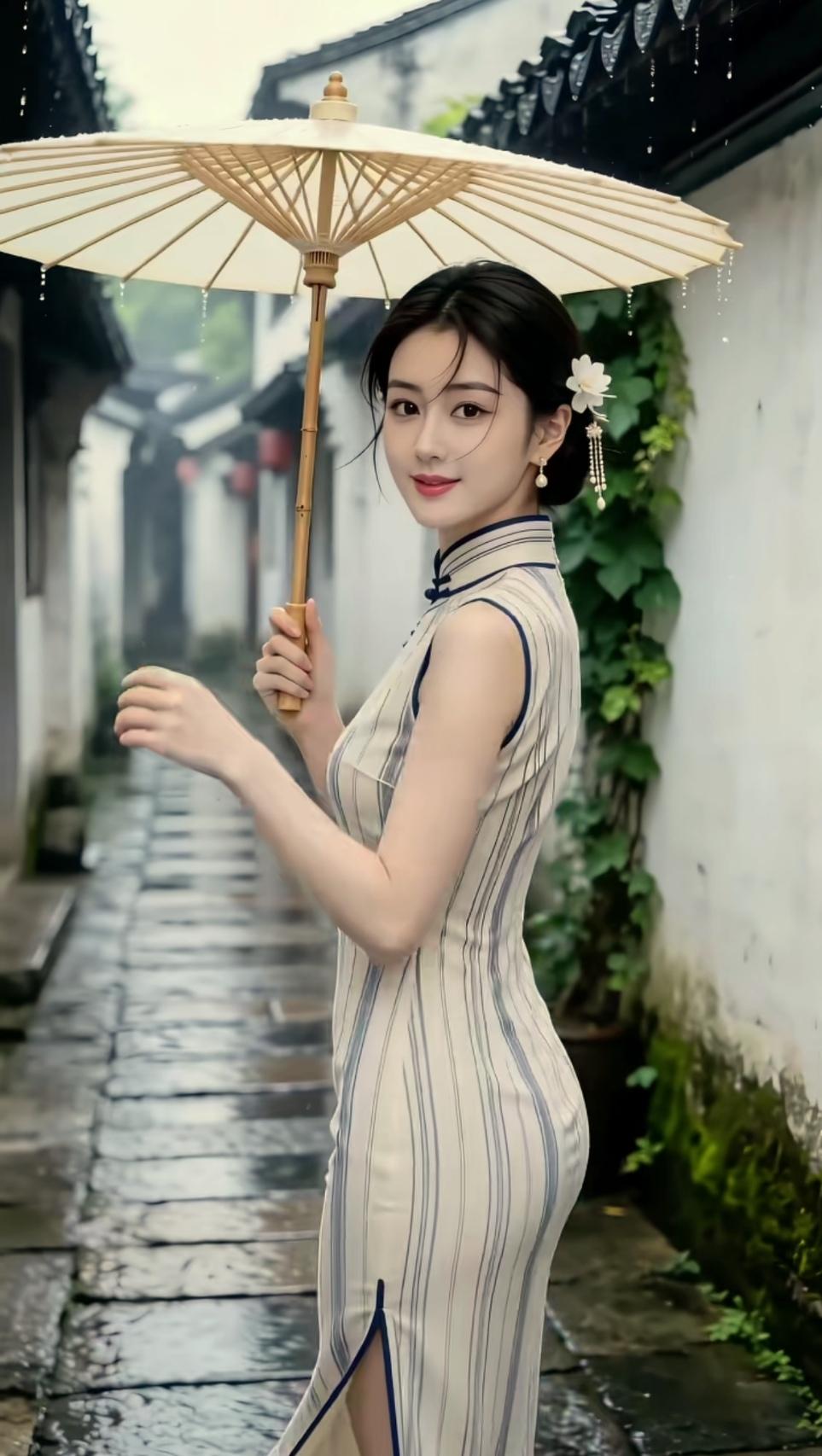 一袭旗袍温婉动人，油纸伞轻举，眉眼尽是江南柔情。一曲《烟雨唱扬州》，把烟雨的朦胧