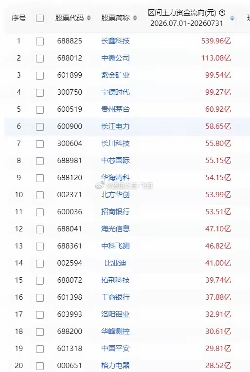 7月主力资金买入前20股1 长鑫科技 539.96亿 2 中微公司 113.08