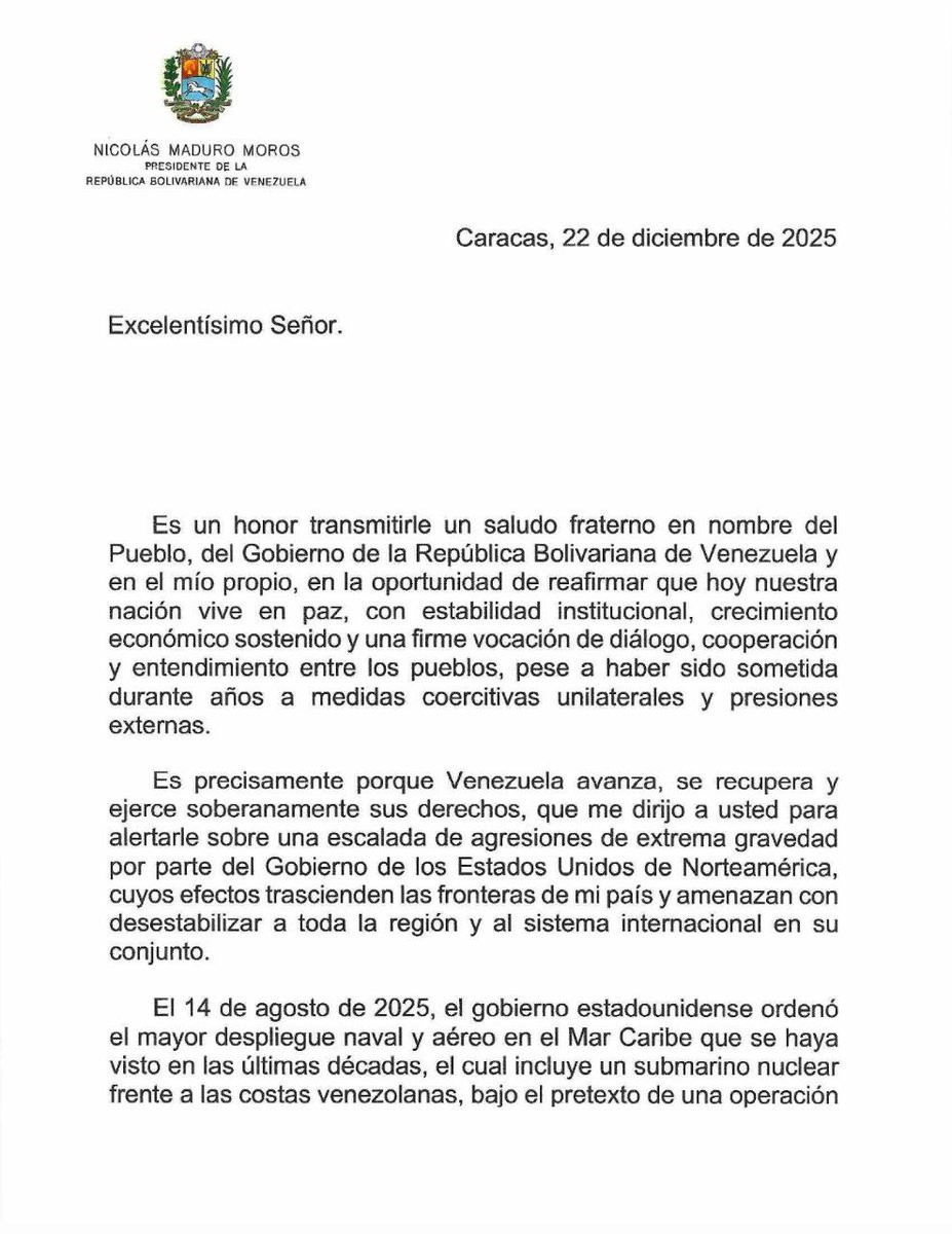 ❗委内瑞拉总统马杜罗致信拉丁美洲和加勒比地区各国元首，敦促他们采取联合行动，反对