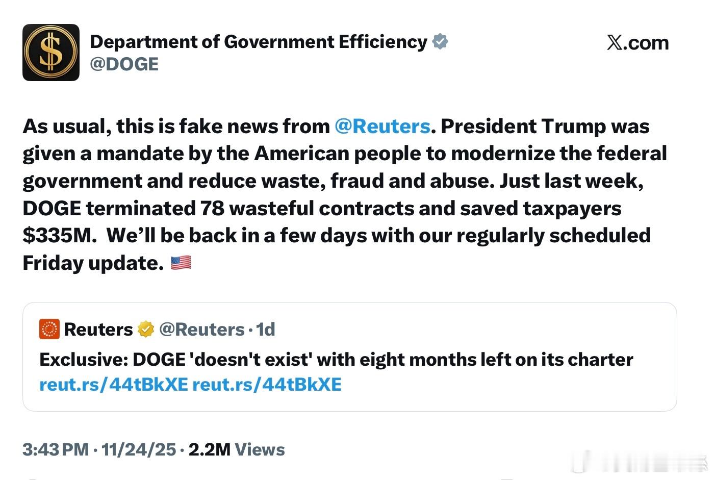 來自路透社等多家媒體報導，DOGE 於2025年11月（即當前日期前幾天）悄然解