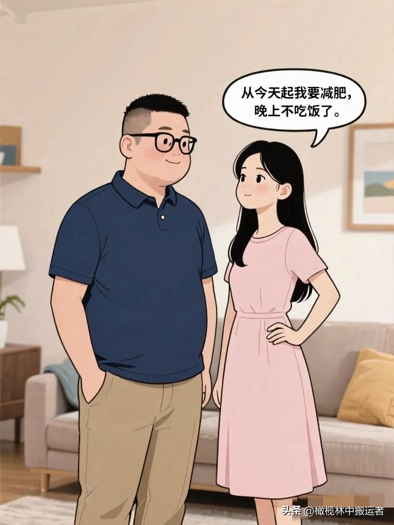 趣味漫画：老婆：从今天起我要减肥，晚上不吃饭了。老公：好的，支持你 。晚上九点，