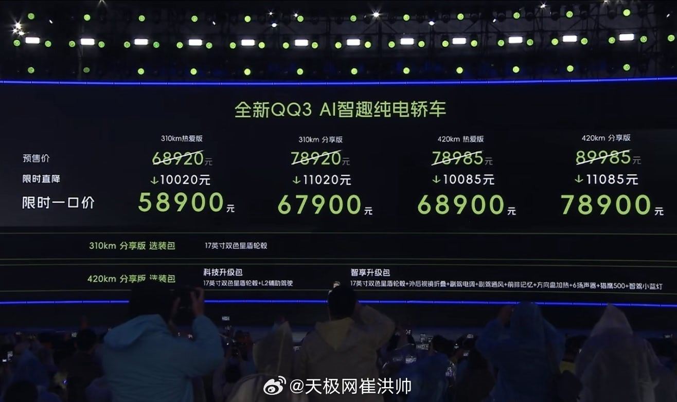全新QQ3正式上市，售价58900元起，L2智能辅助驾驶、车外语音、智能泊车全安