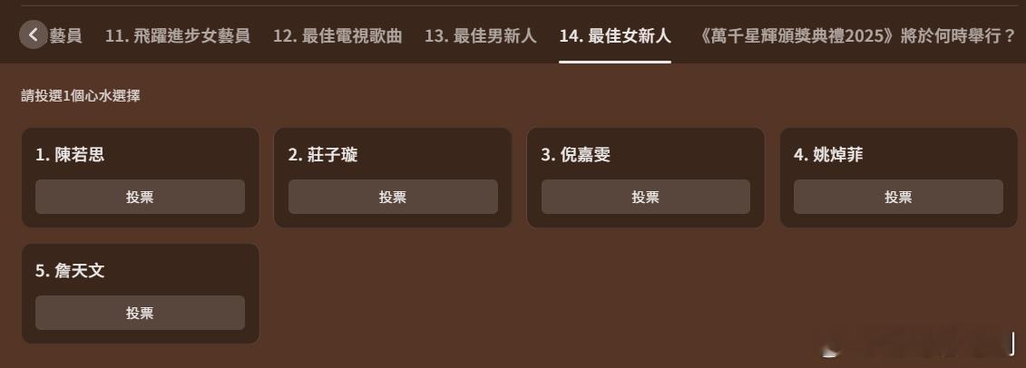 万千星辉颁奖典礼2025丨最佳男、女新人最后十强最佳男新人：1. 馮皓揚2. 何