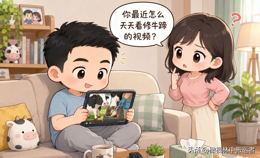 趣味漫画：老婆：你最近怎么天天看修牛蹄的视频？老公：解压。看着蹄子被修得干干净净