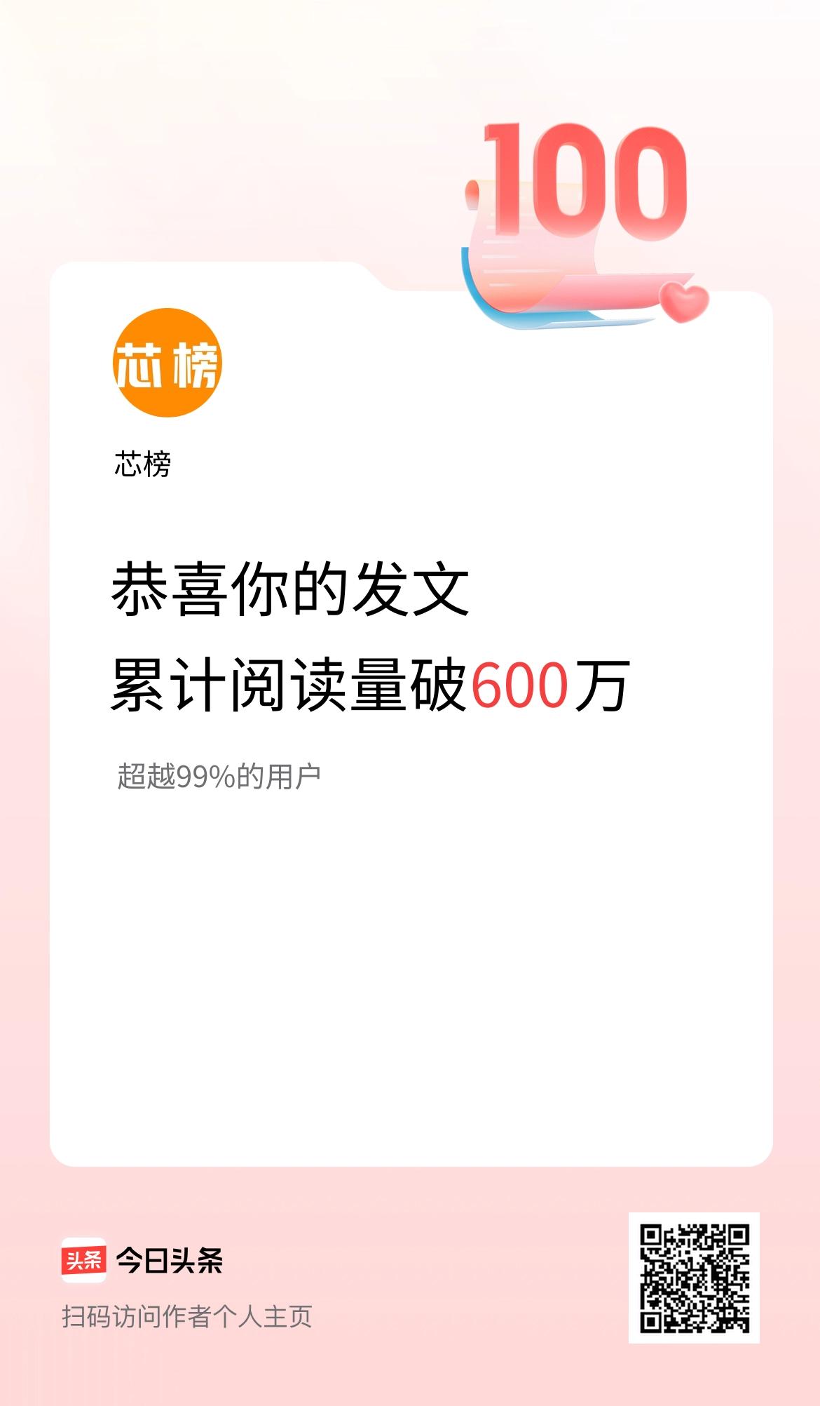 🤝我在头条累计获得阅读量破600万啦！