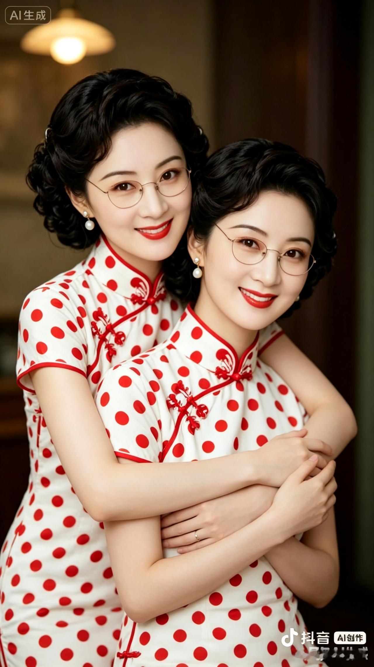 双胞胎姐妹顺口溜（邀续尾）
一对姐妹似镜像
同款旗袍韵姿扬
姐姐背后拥娇妹
笑靥