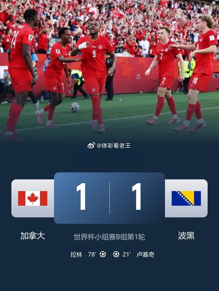 东道主的世界杯首分！加拿大1-1波黑！此役，卢基奇破门，拉林替补登场121秒扳平