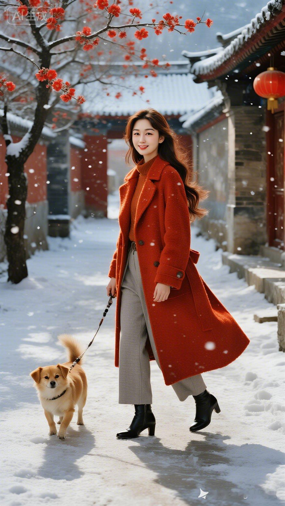 穿红大衣的女士在雪中遛狗。