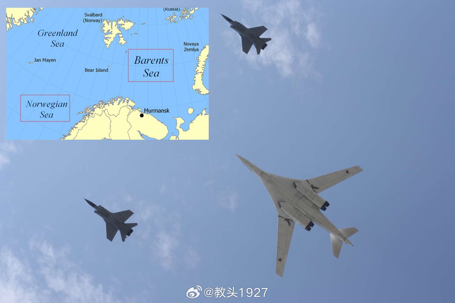 俄罗斯两架图-160「白天鹅」超音速战略轰炸机在米格-31截击机护航下完成了一次