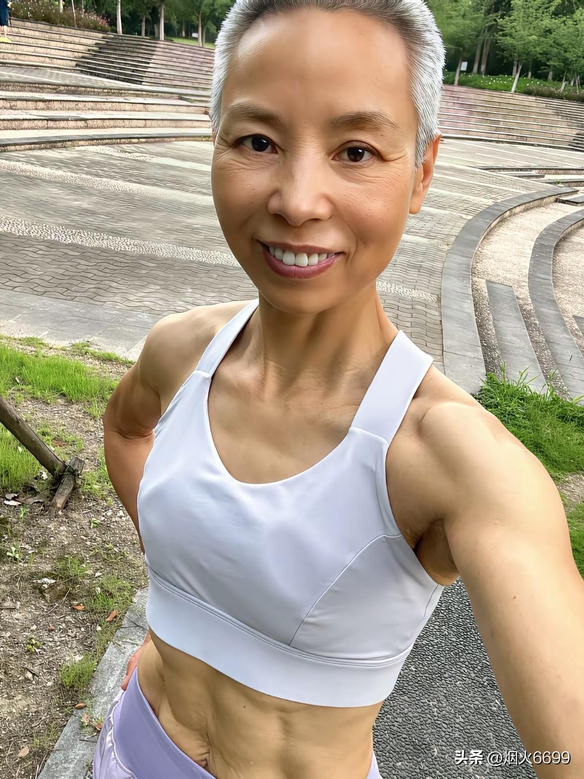 刷到这位大姐，我直接跪了！
人家虽然一头银发，
但腹肌清晰、
肩背线条紧实流畅，