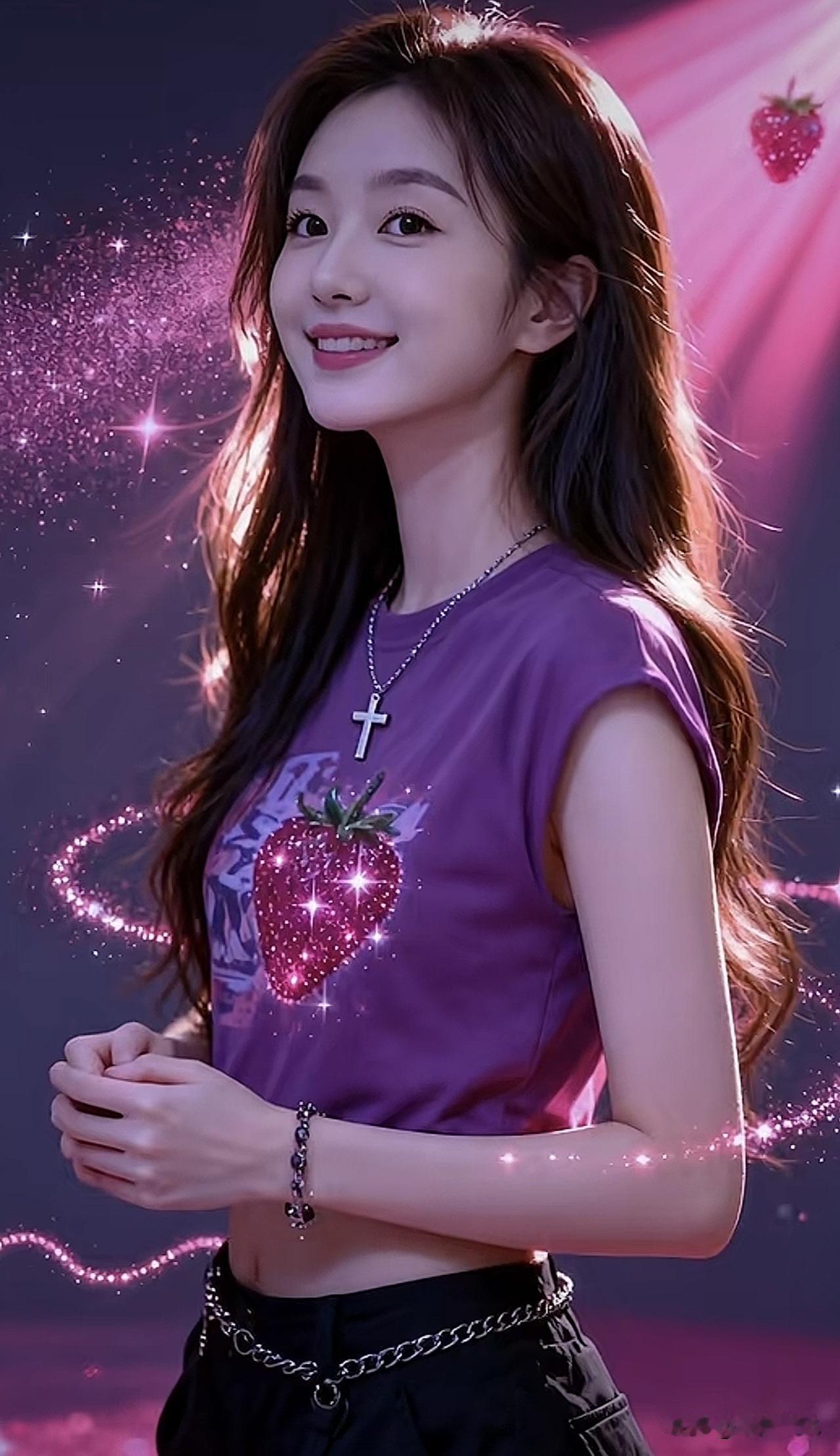 甜美少女风，草莓印花T恤，搭配链条腰带，闪耀的草莓项链，少女心爆棚！🍓✨甜美t