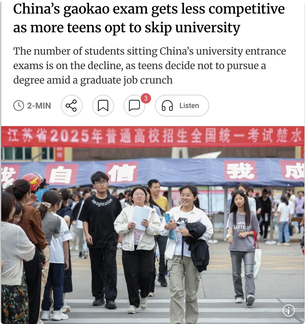外媒：中国教育部数据显示，今年全国高考报名人数为1290万人，较去年减少45万人