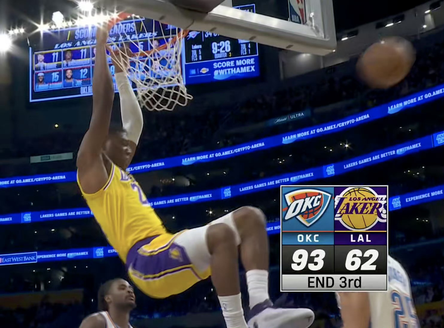 三节结束，湖人62-93雷霆！雷霆vs湖人