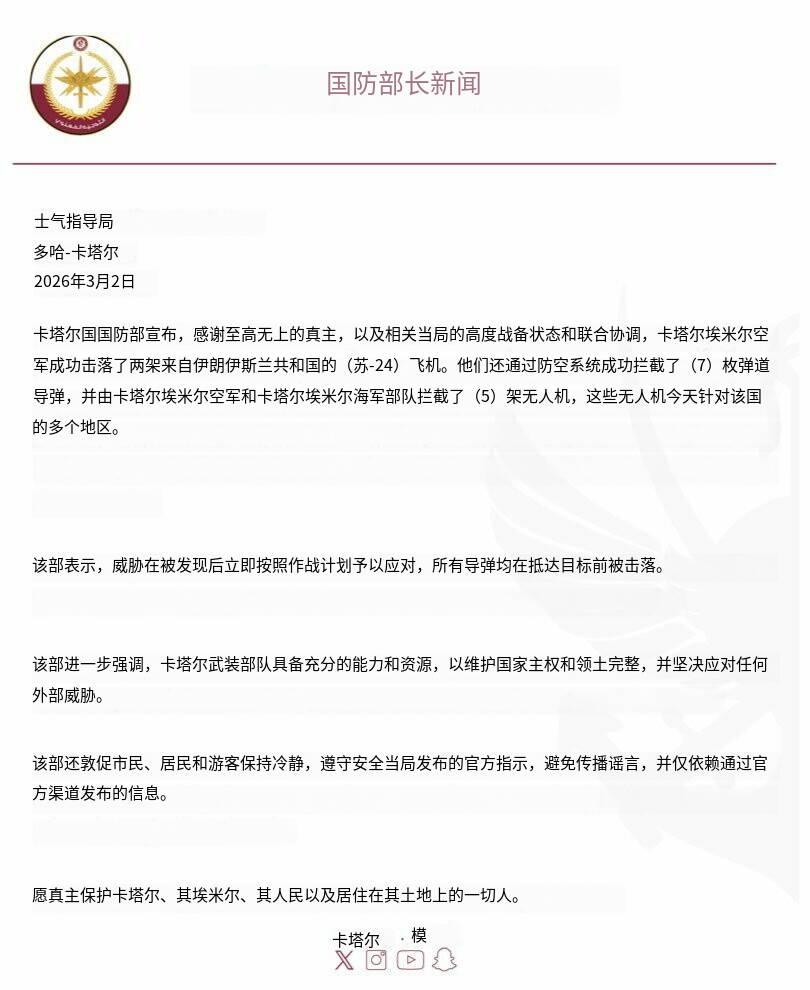 突发新闻——卡塔尔称已击落2架伊朗战斗机！