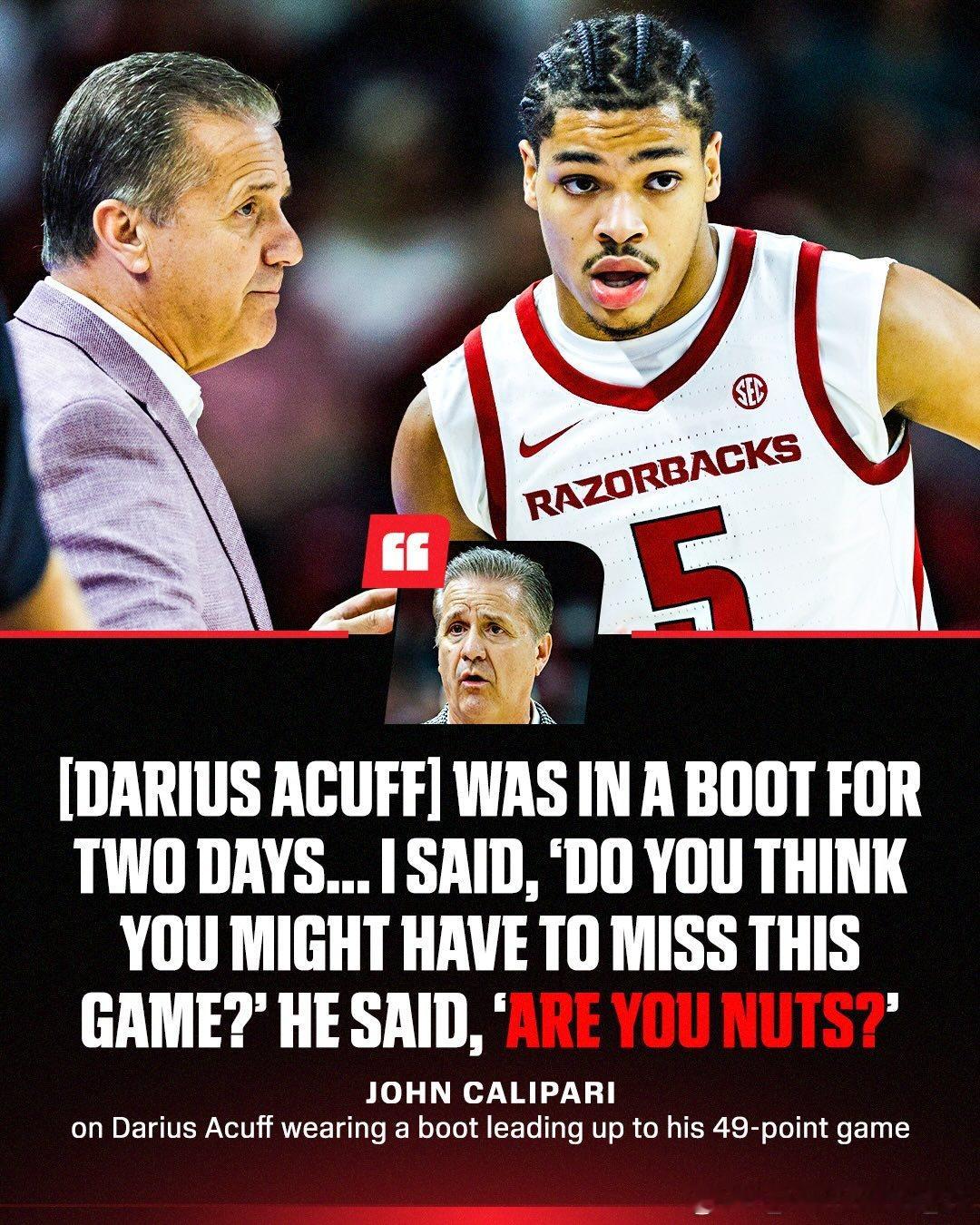 据约翰·卡利帕里教练透露，达里厄斯·阿卡夫在狂砍49分之前，脚上还穿着保护靴："