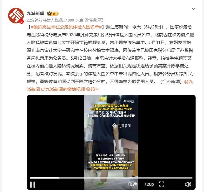 偷拍男生未在公务员体检入围名单 南京审计大学研究生顾某某因在校内偷拍女生裙底被开