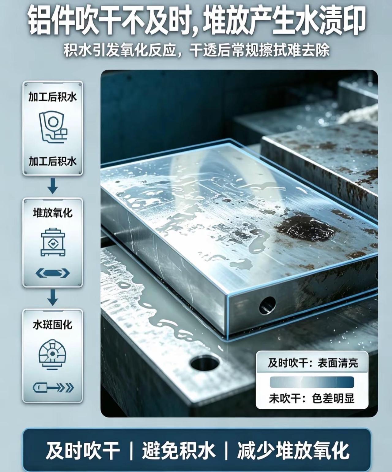 百日攻坚“第六十六天”铝件吹干不及时，堆放产生水渍印：铝材质活性极高，工件加工后