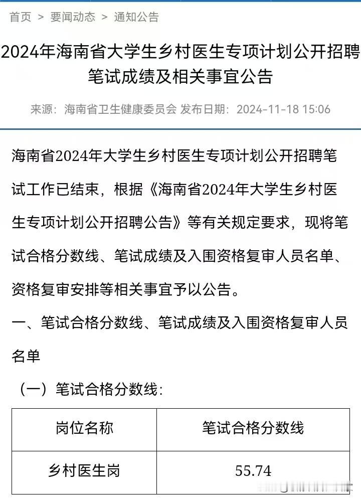 2024年海南省大学生乡村医生专项计划公开招聘笔试成绩及相关事宜公告已发布！合格