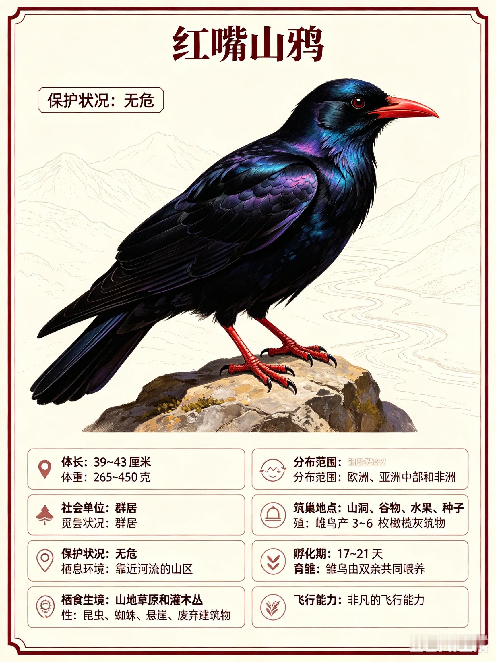 鸟类朋友图鉴 红嘴山鸦体长：39~43 厘米体重：265~350 克社会单位：群