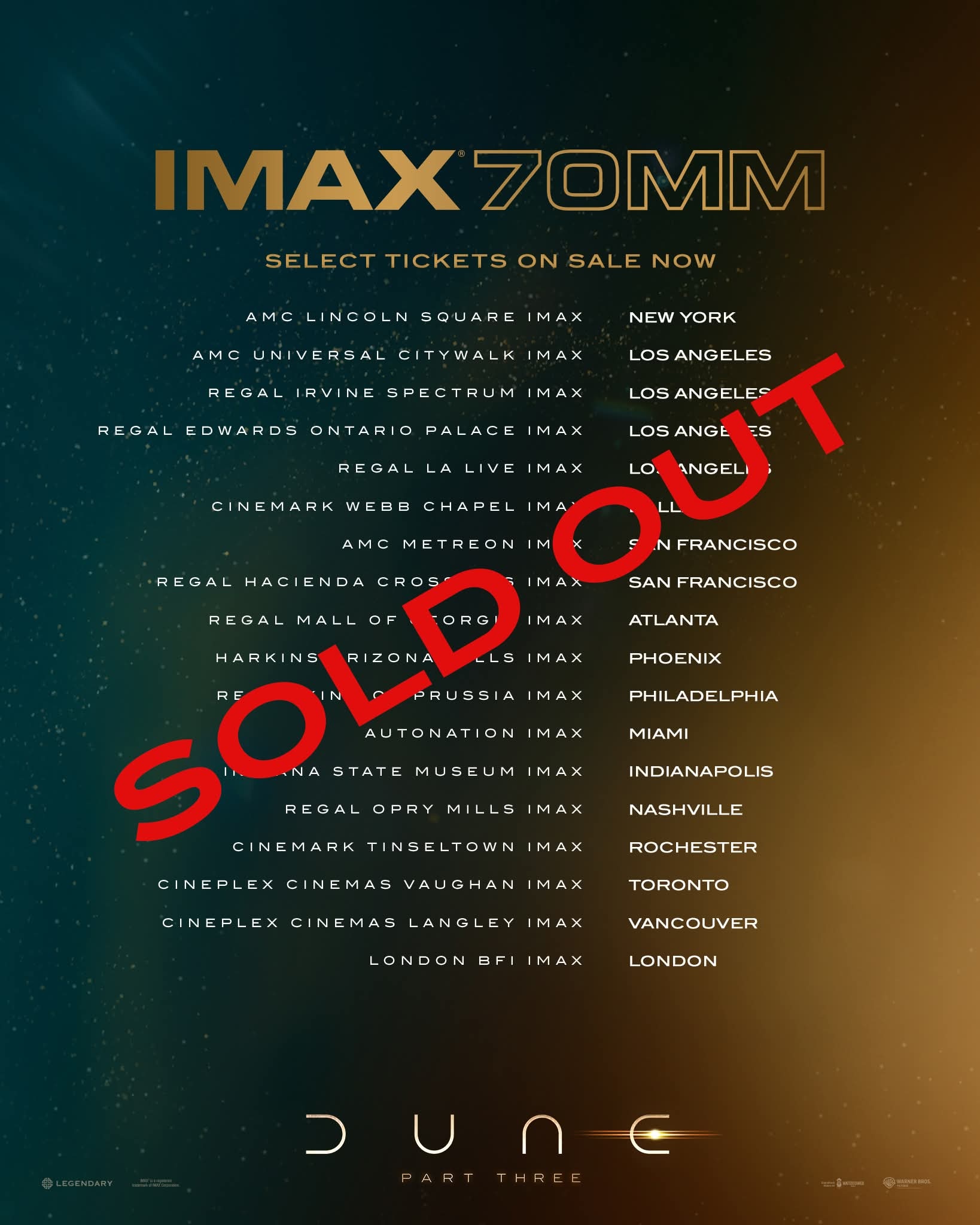 IMAX 70mm胶片版《沙丘3》飞速卖光，神一般的电影。 