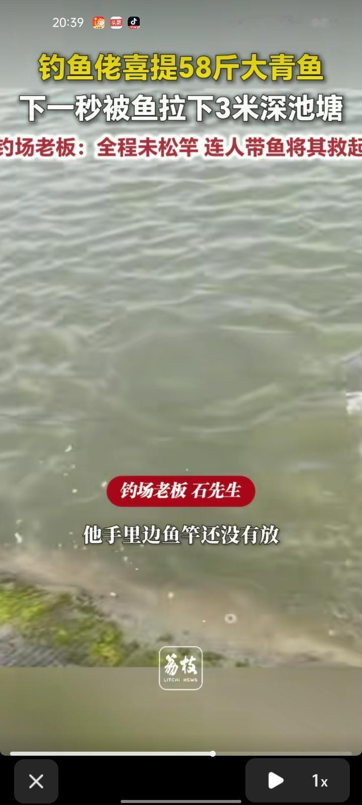 10月27日，襄阳枣阳市。钓鱼佬钓到58斤大青鱼，下一秒被鱼拉下3米深的池塘。据