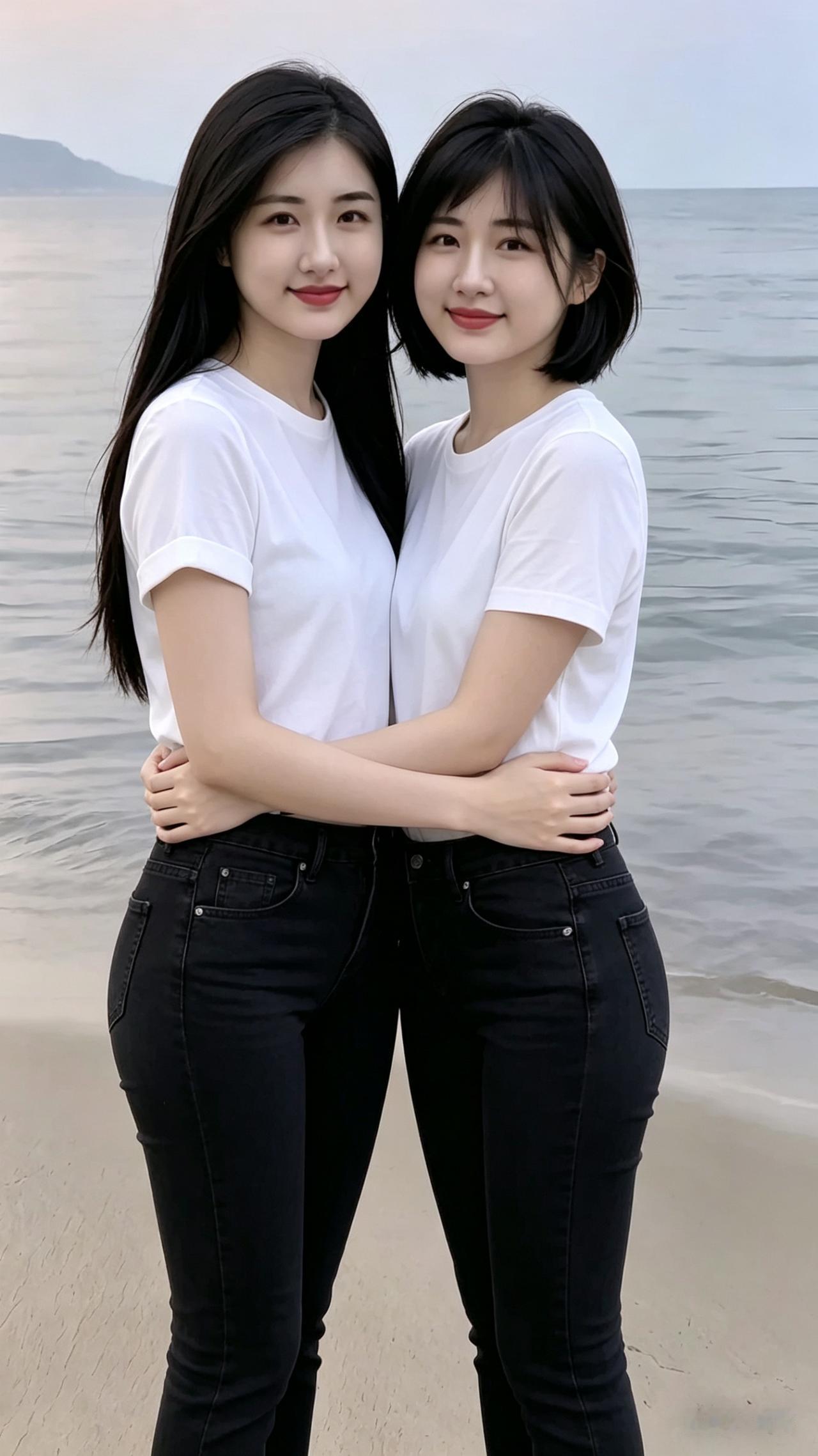 海边姐妹照，简约白T恤，清新自然美，若相中我留言: