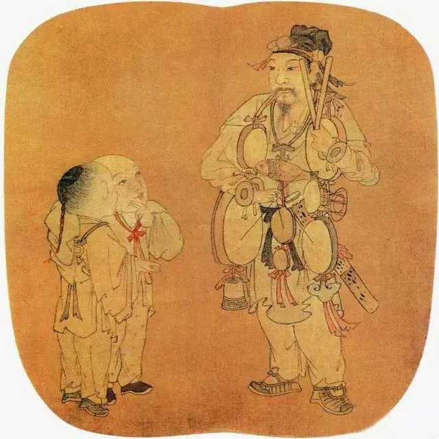 宋 苏汉臣《杂技戏孩图》 绢本设色。此图无款印，旧题为苏汉臣所作，其画风与其它作