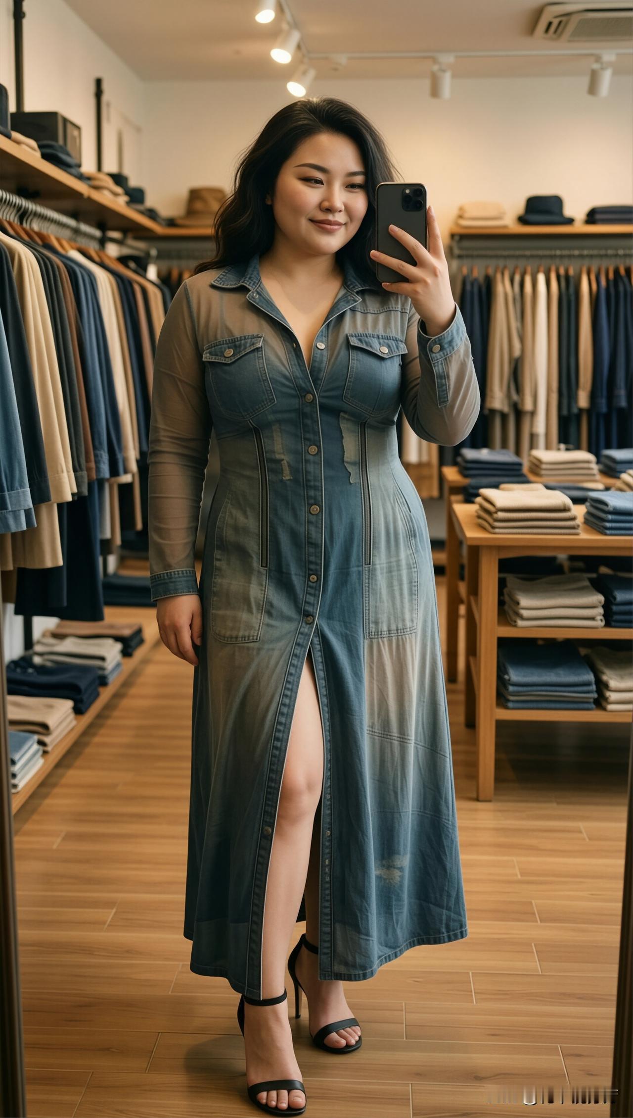 牛仔裙装搭配简约高跟，是休闲与优雅的巧妙碰撞。在试衣镜前，用自信定格每一个心动瞬