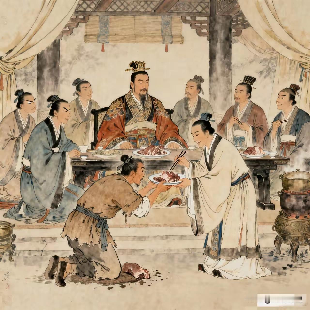 西晋末年，赵王司马伦举办宴会，宾客顾荣发现一旁侍立的厨子在咽口水，便将盘中的肉割