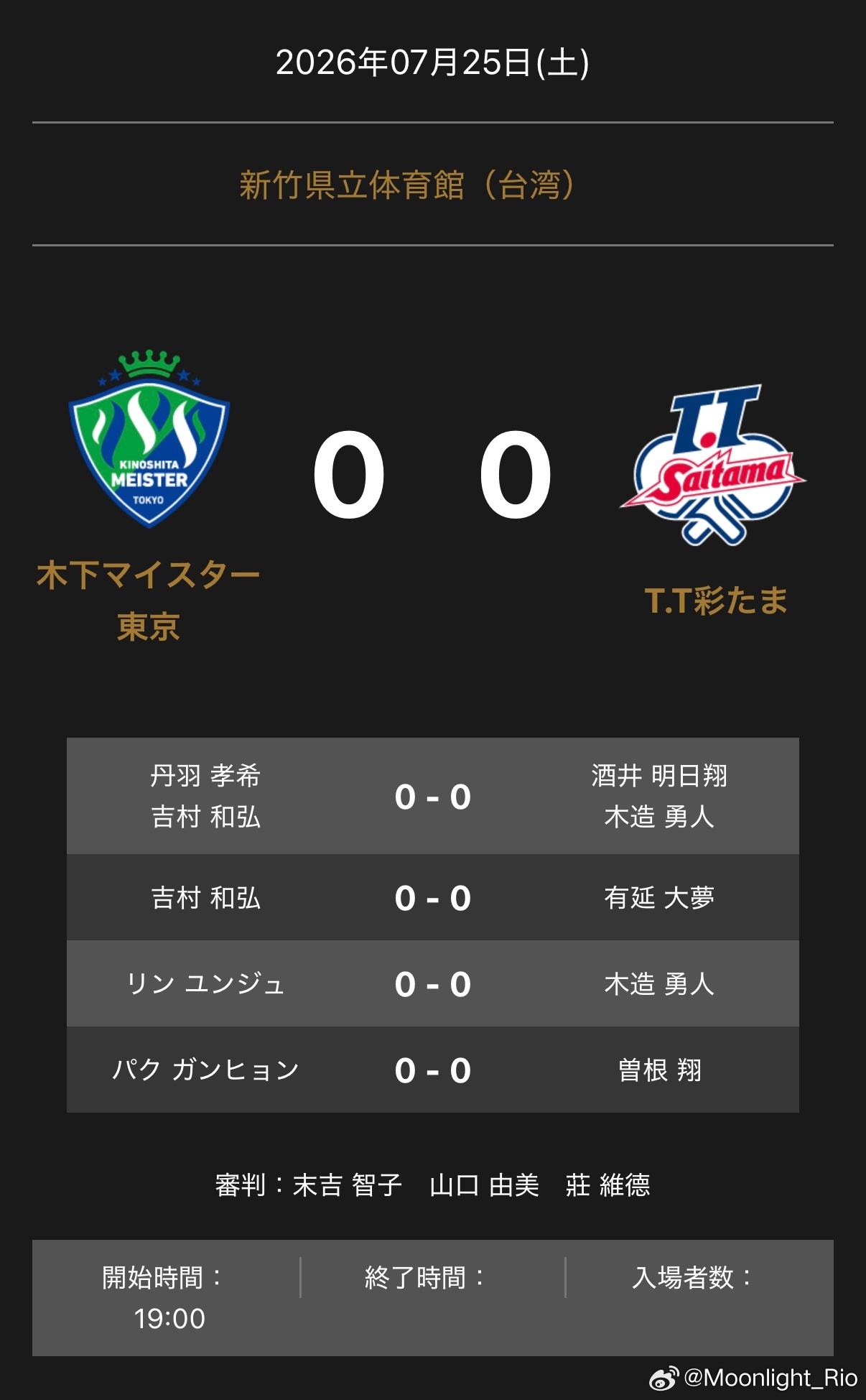 T联赛 19:00 木下东京🆚T.T彩 对阵表丹羽孝希/吉村和弘🆚酒井明日翔