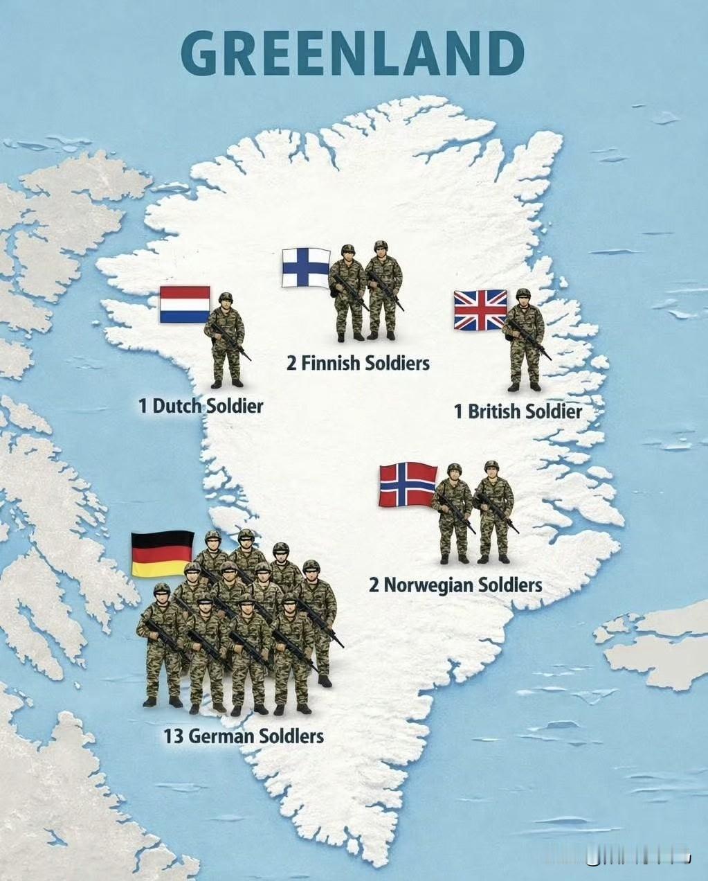 媒体统计欧洲各国为抵御美国入侵而部署在格陵兰岛的部队名单：
🇫🇷法国：15