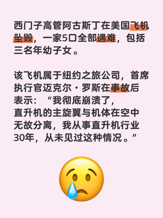 西门子高管阿古斯丁在美国飞机坠毁，一家5口全部遇难，包括三名年幼子女。...