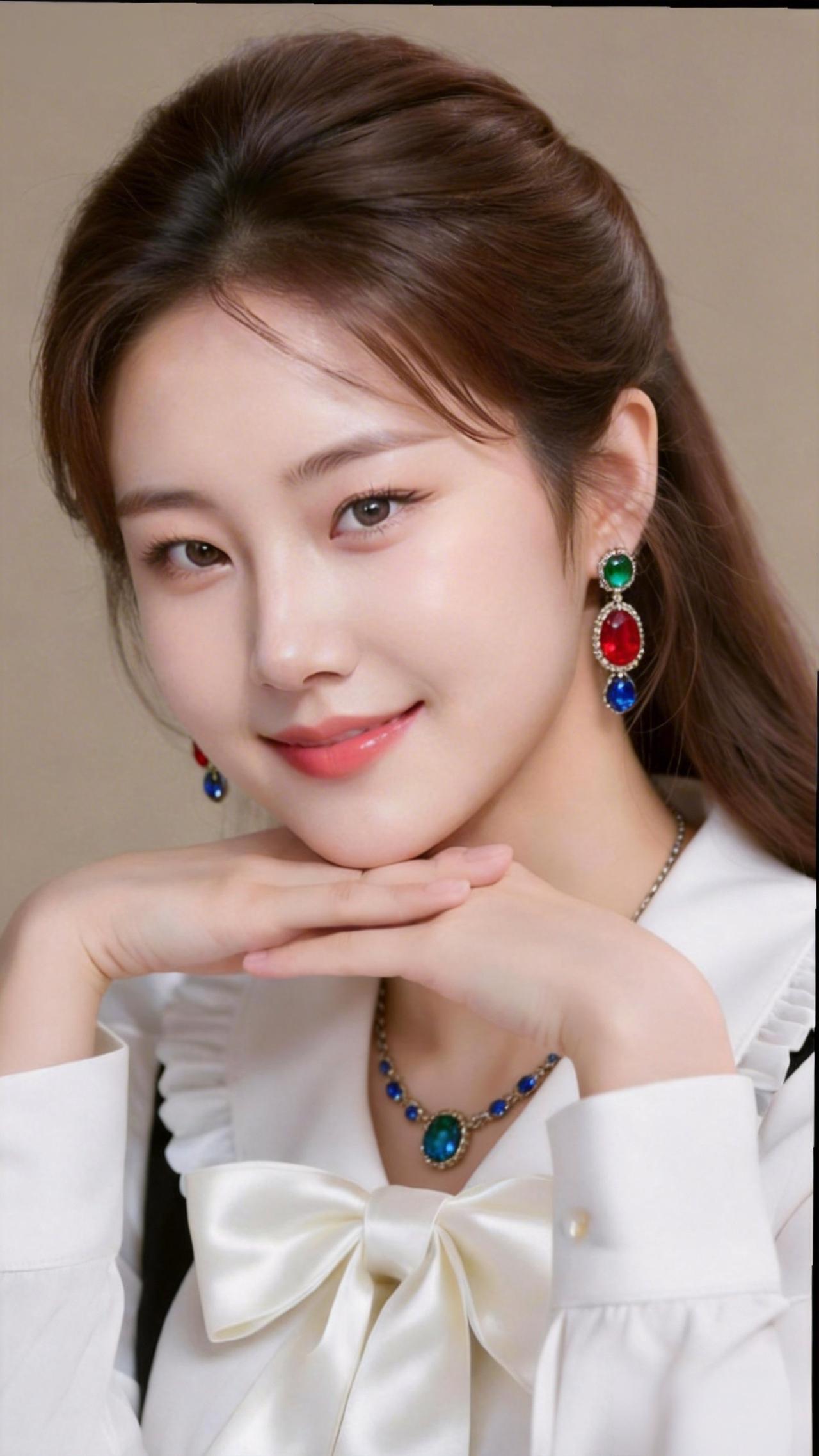 优雅白衬衫，甜美蝴蝶结，闪耀蓝宝石项链，红唇微笑，完美搭配！💎💄👗