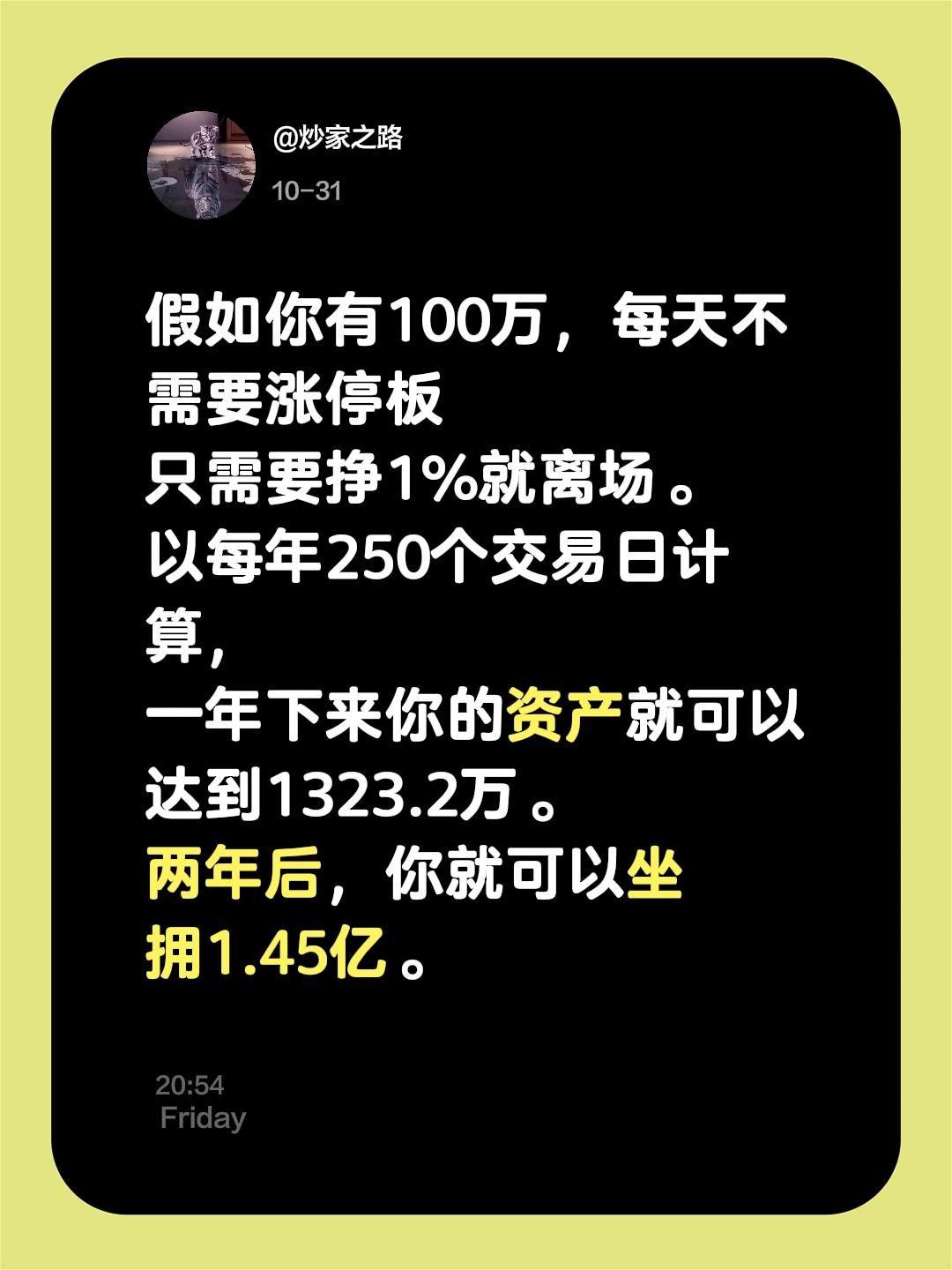 假如你有100万，每天不需要涨停板
只需要挣1%就离场。
以每年250个交易日计