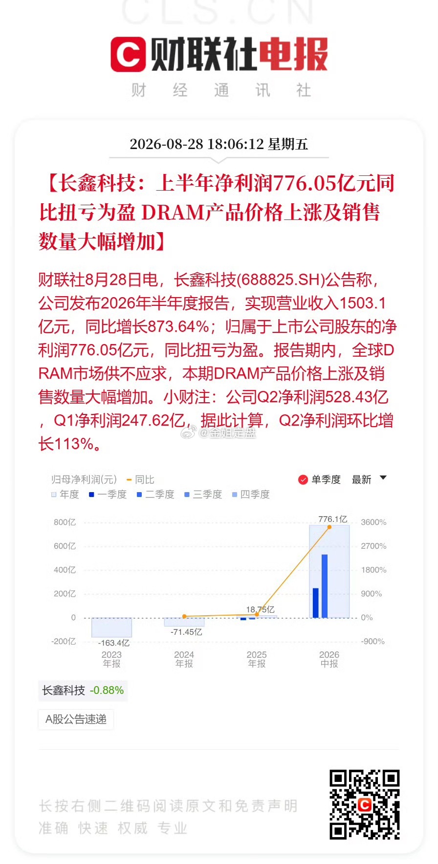 业绩史诗级扭亏，存储周期迎来超级高光🔥长鑫科技发布上市后首份半年财报，交出一份